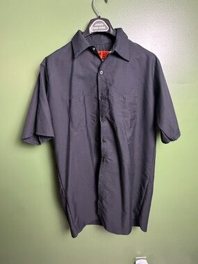 Men's Black Short-Sleeve Button-Down Work Shirt Size L Poly Blend Long Torso